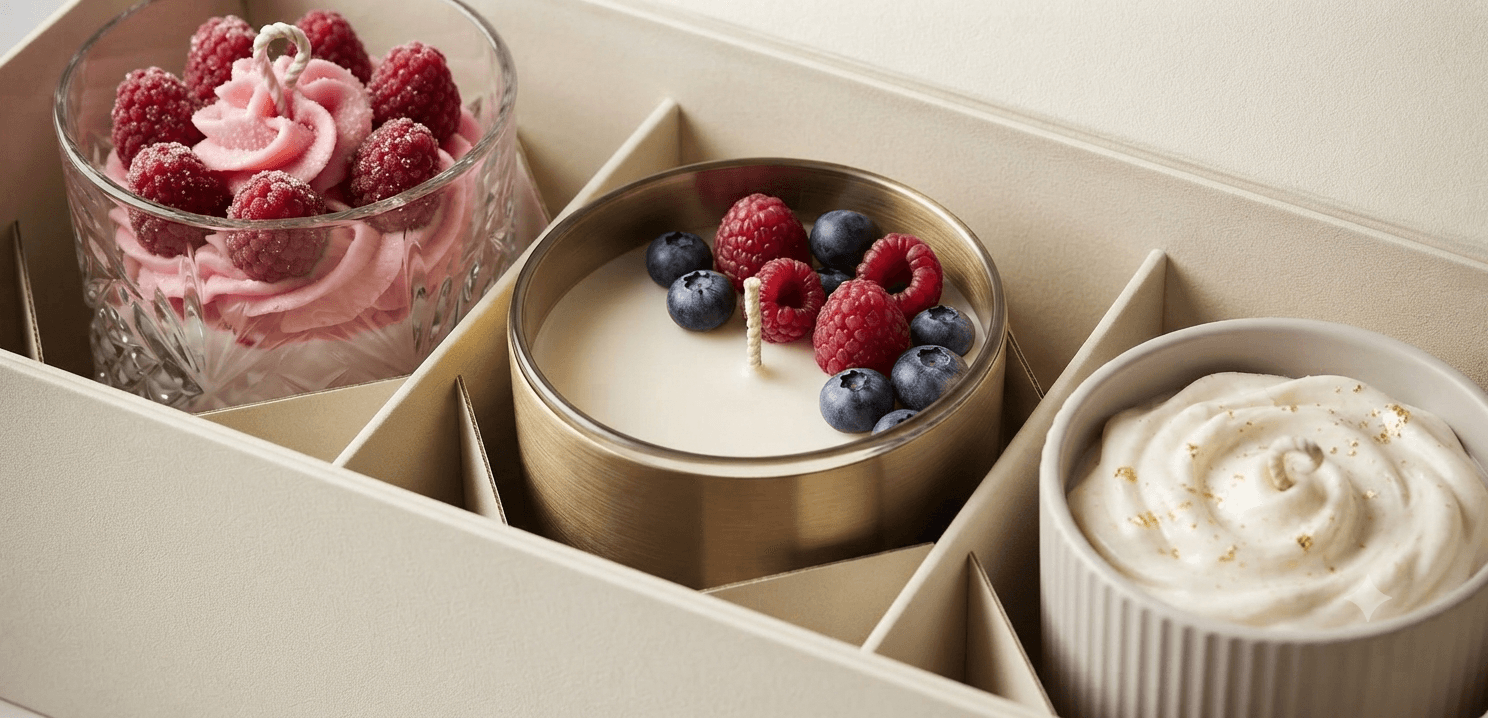 Three poured candles in a lined gift box: one in a cut-glass tumbler set with raspberries, one in a brass tin with raspberries and blueberries, and one swirled in a fluted white pot.