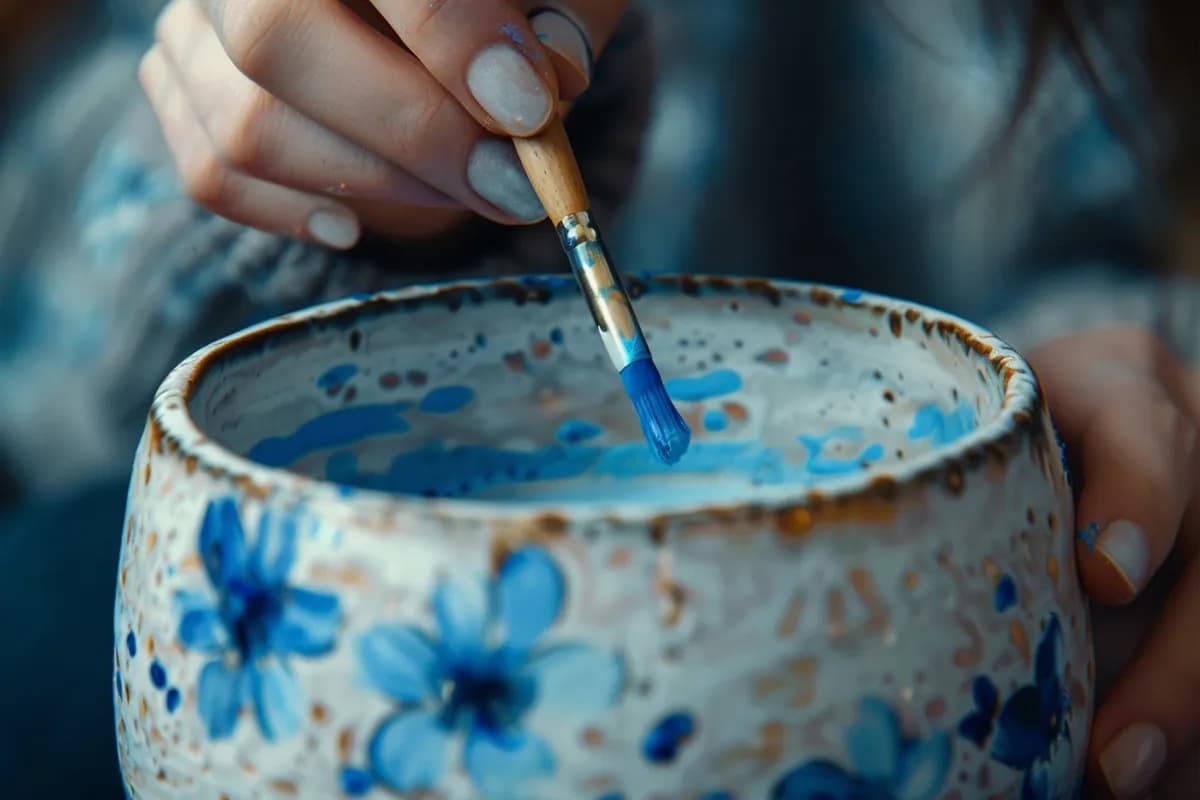 A brush painting blue petals onto a speckled stoneware bowl, the pattern already running round its side.