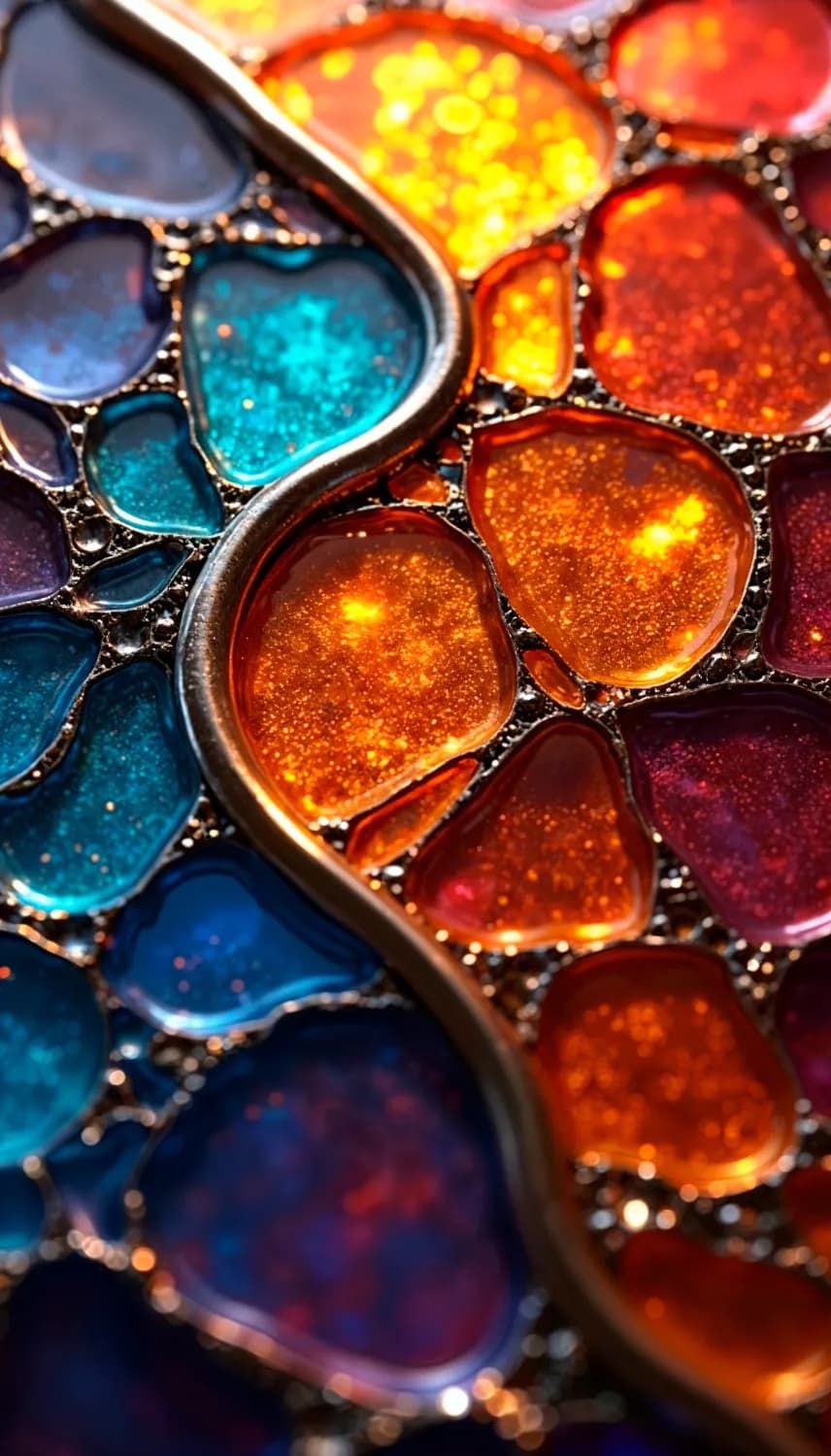 A backlit panel of glass painted in red, orange, blue and teal cells divided by gold outlines.