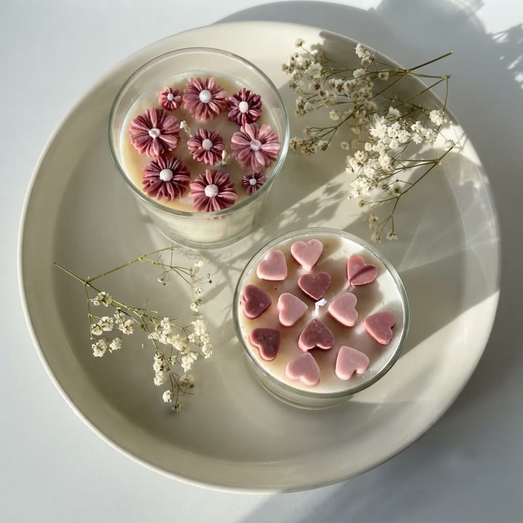 Two poured candles in glass jars on a white tray, one set with pink wax flowers and one with pink hearts, sprigs of gypsophila beside them.