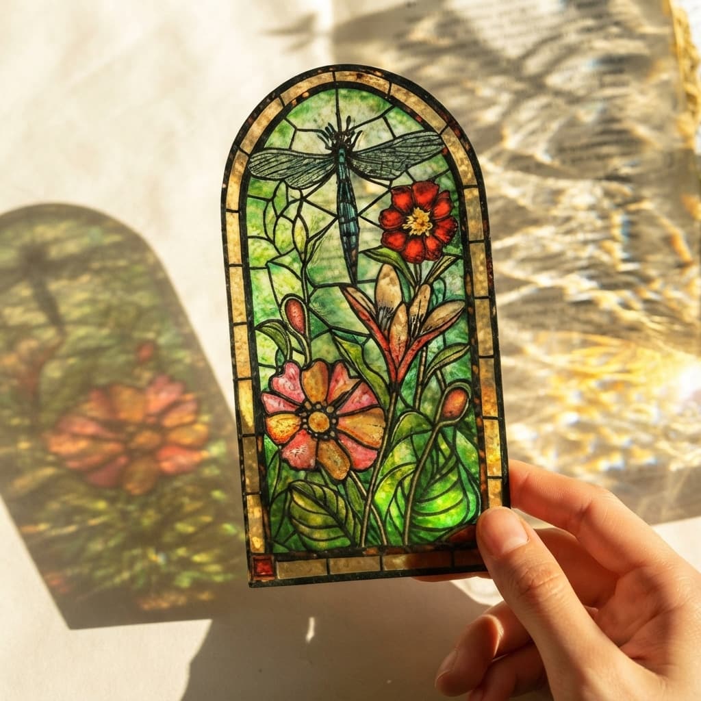 A hand holding an arched glass panel painted with a dragonfly among red and pink flowers on green leaves, the sun throwing its colours onto the wall.